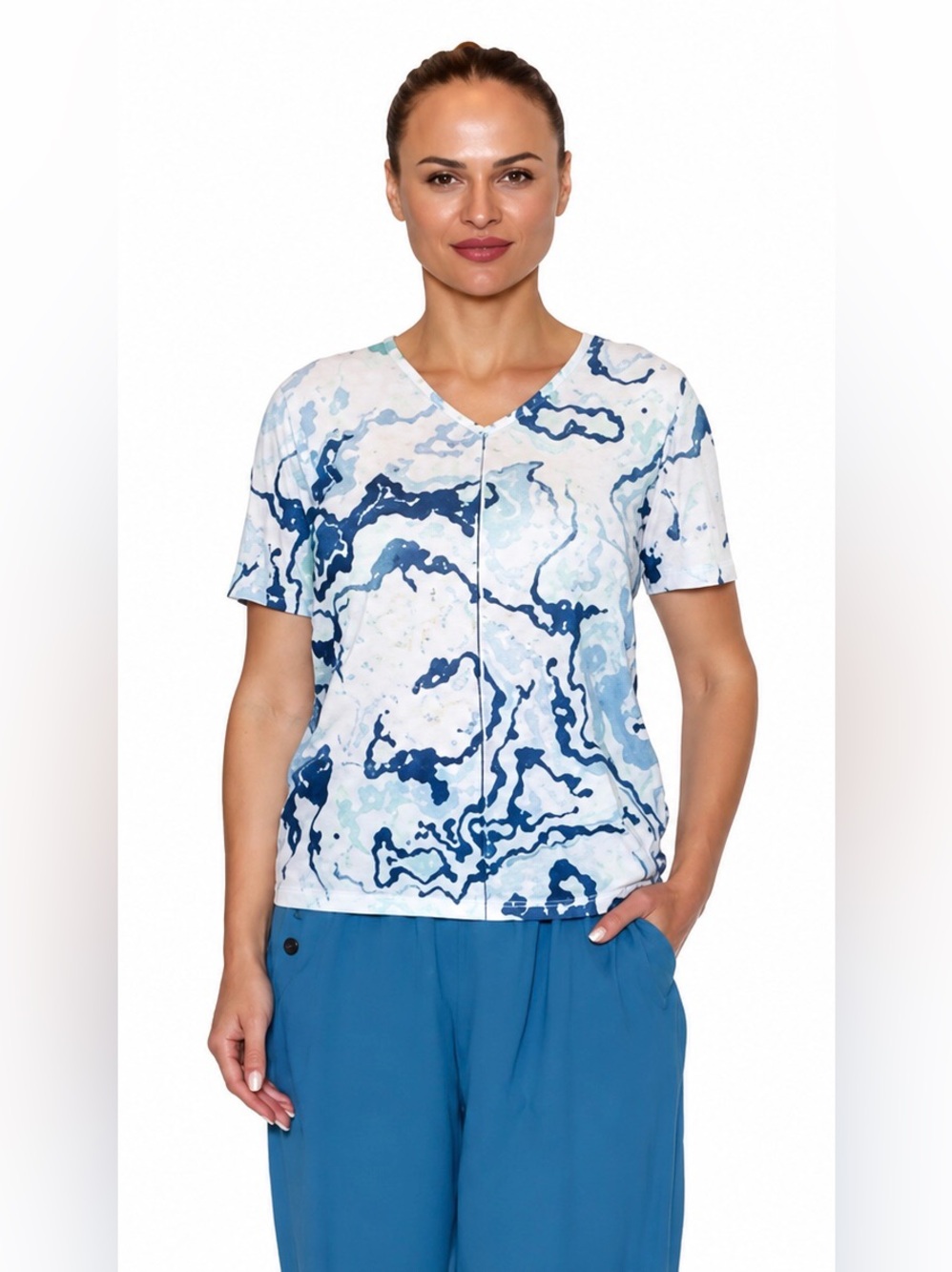 Papa Vancouver V-Neck Short Sleeve Top-White/Blue